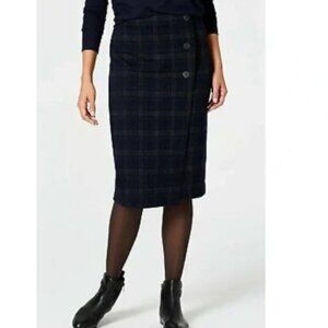 J. Jill EUC Skirt Navy Plaid Faux Wrap Pencil Pull On Stretch Large Ponte Knit